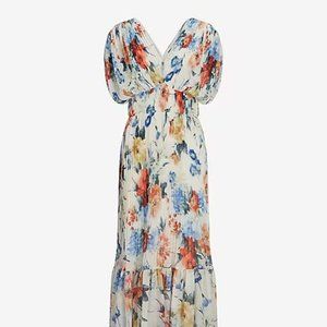 Floral Draped Sleeve Pleated Maxi Dress
